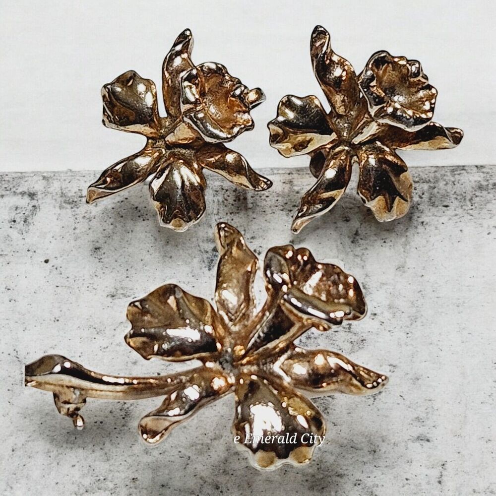 Vtg Jack In The Pulpit Screw Earrings Matching Brooch Set Gold Tone Iris Bundle